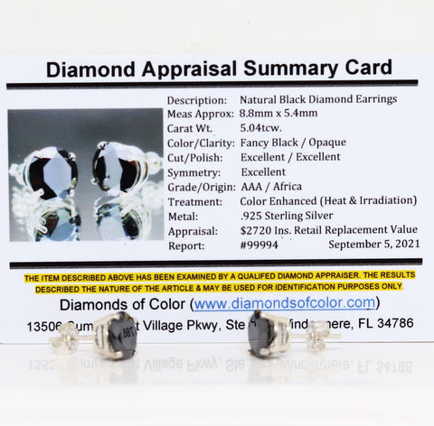 *SALE* Zwarte  Diamanten oorbellen - 5,02 Karaat / zilver/ certificaat